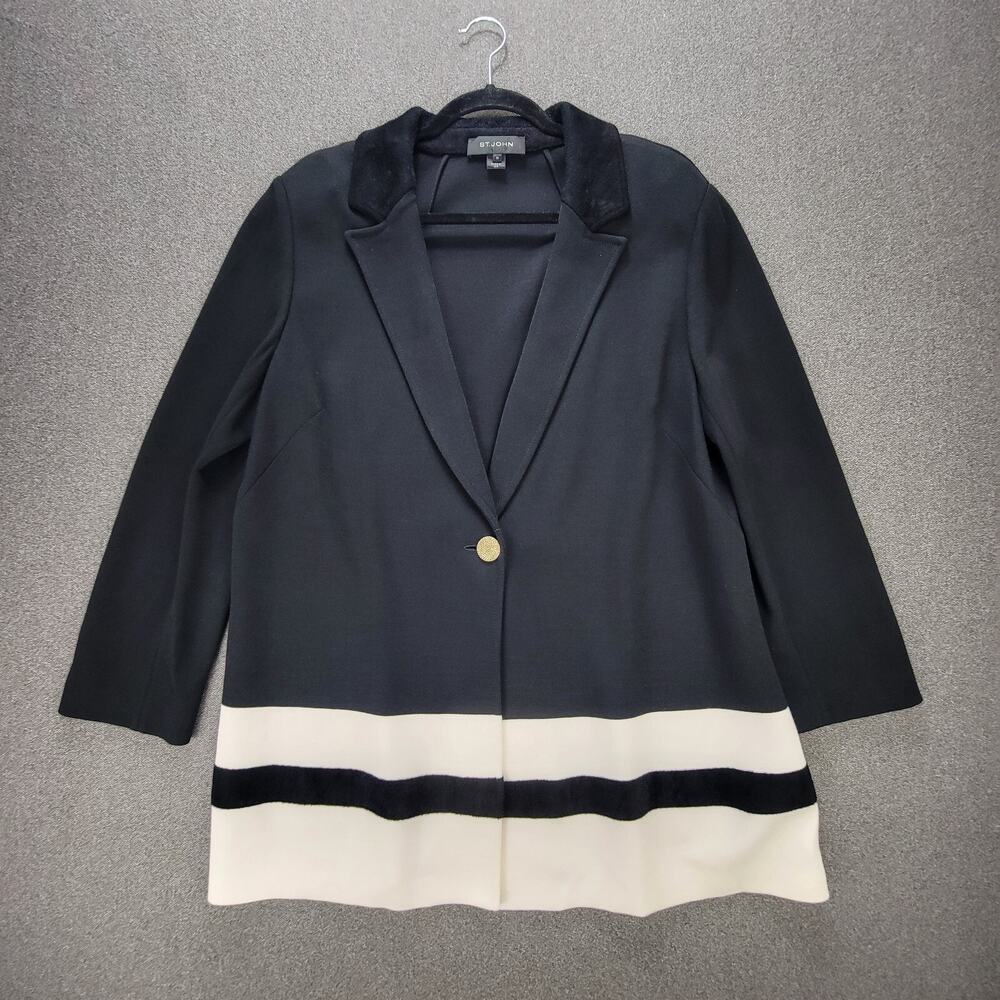 St John Size 16 Black Cream Color Block Milano Knit Wool Blend Jacket *READ*